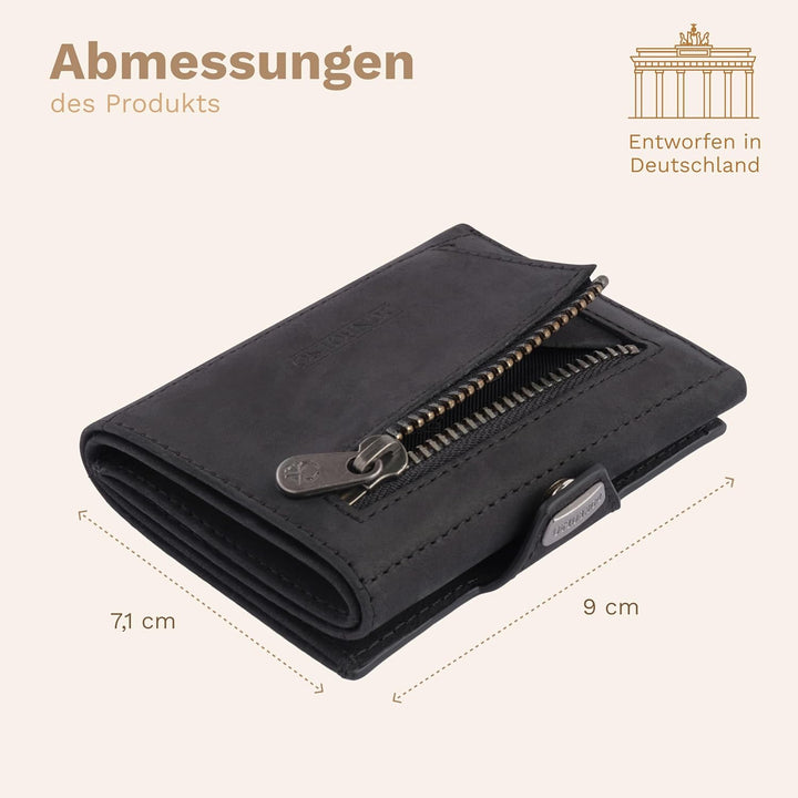 DONBOLSO Wallet mit Airtag - Mini Portemonnaie Vintage-Schwarz mit Münzfach für 15 Karten, RFID-Schu