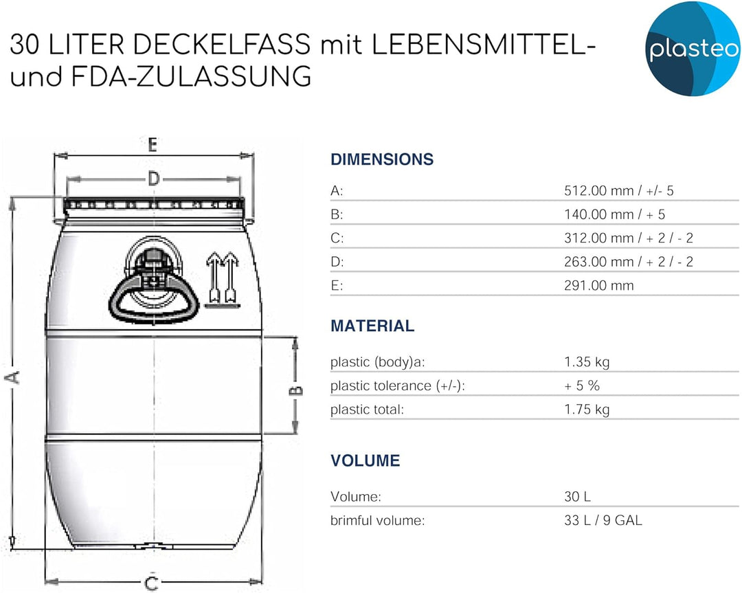 plasteo® 2 Stück 30 Liter Deckelfass lebensmittelecht FDA-Zulassung UN-Zulassung IKG Gütezeichen Kun