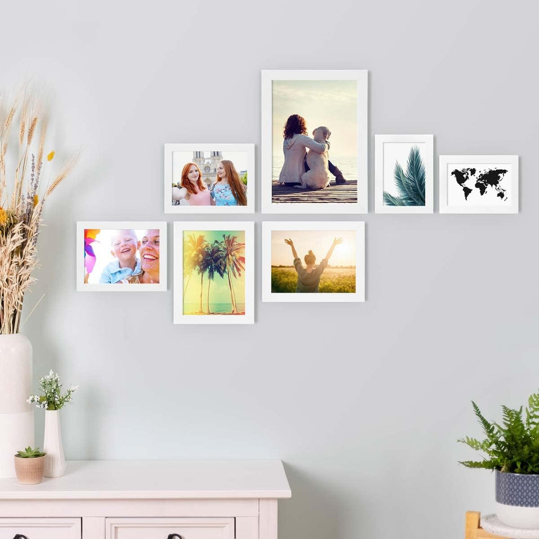 PHOTOLINI Bilderrahmen Set Weiss, Fotorahmen Holz MDF, 7er Bilderrahmenset Wand Collage, photo frame