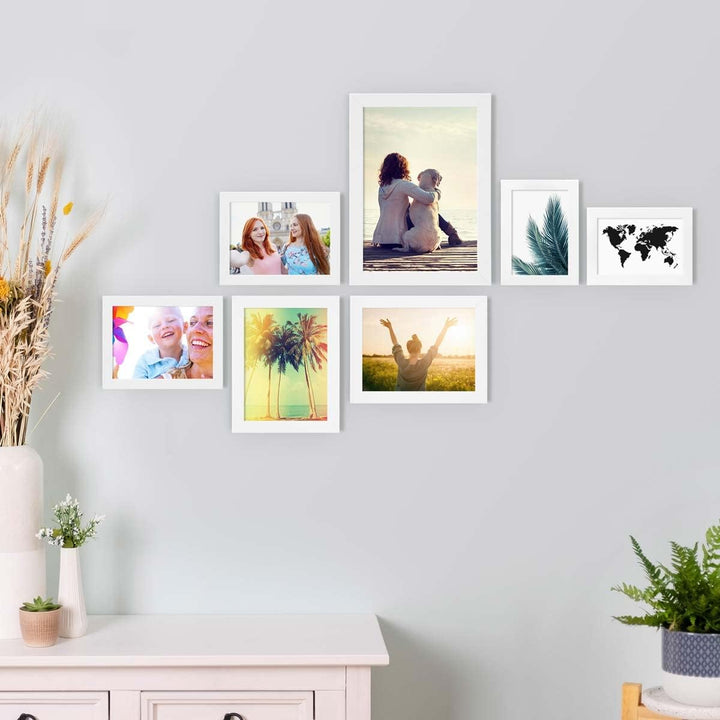 PHOTOLINI Bilderrahmen Set Weiss, Fotorahmen Holz MDF, 7er Bilderrahmenset Wand Collage, photo frame