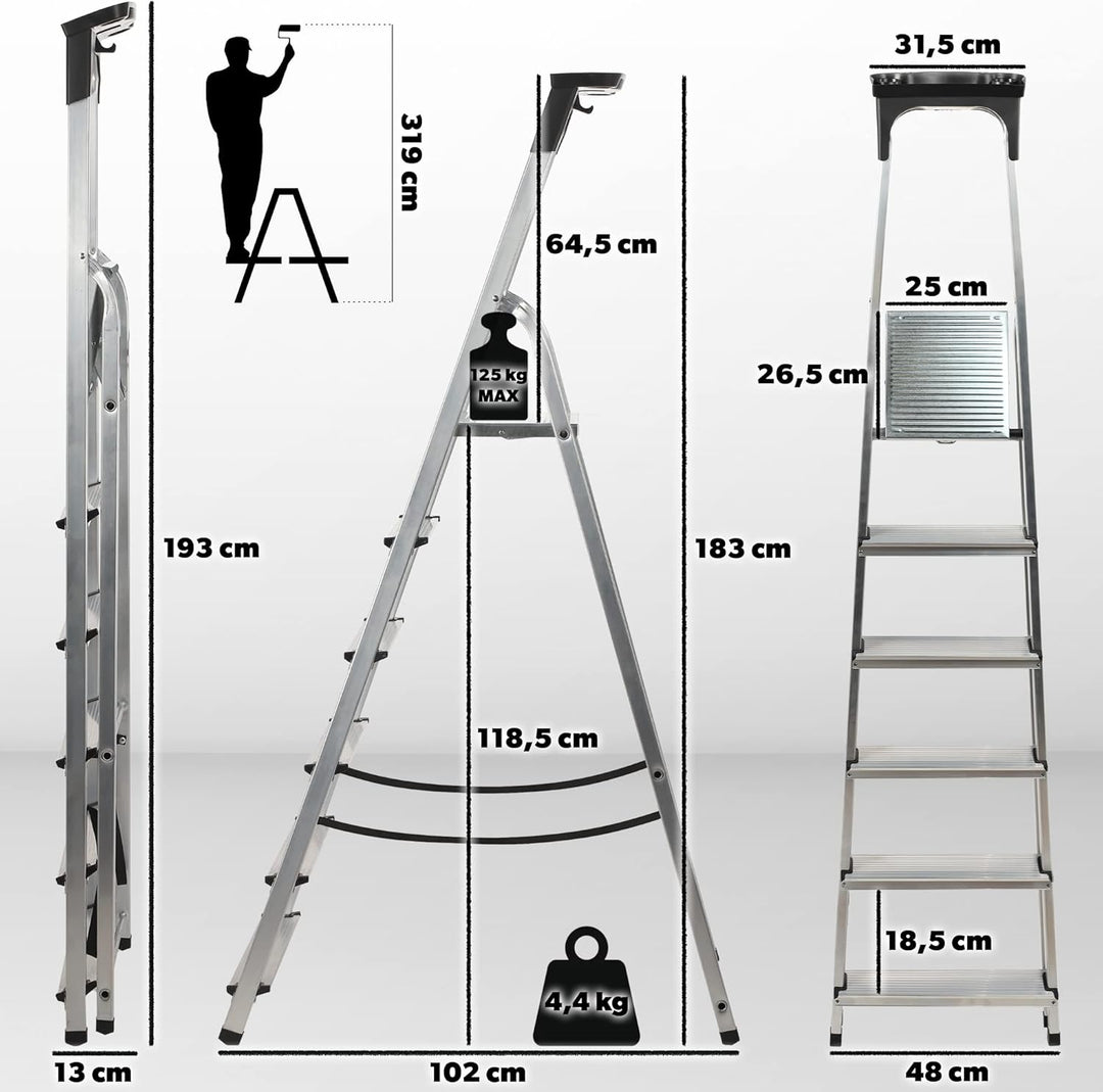 KADAX Aluminiumleiter, Stehleiter bis zu 125 kg, Stufenleiter, Klapptritt für Senioren, Alu-Sicherhe