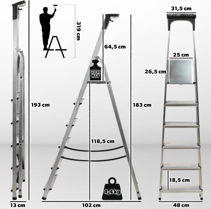 KADAX Aluminiumleiter, Stehleiter bis zu 125 kg, Stufenleiter, Klapptritt für Senioren, Alu-Sicherhe