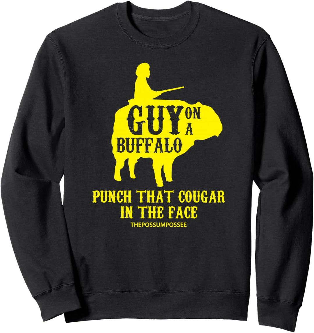 Guy auf einem Buffalo Punsch, dass Cougar im Gesicht Sweatshirt
