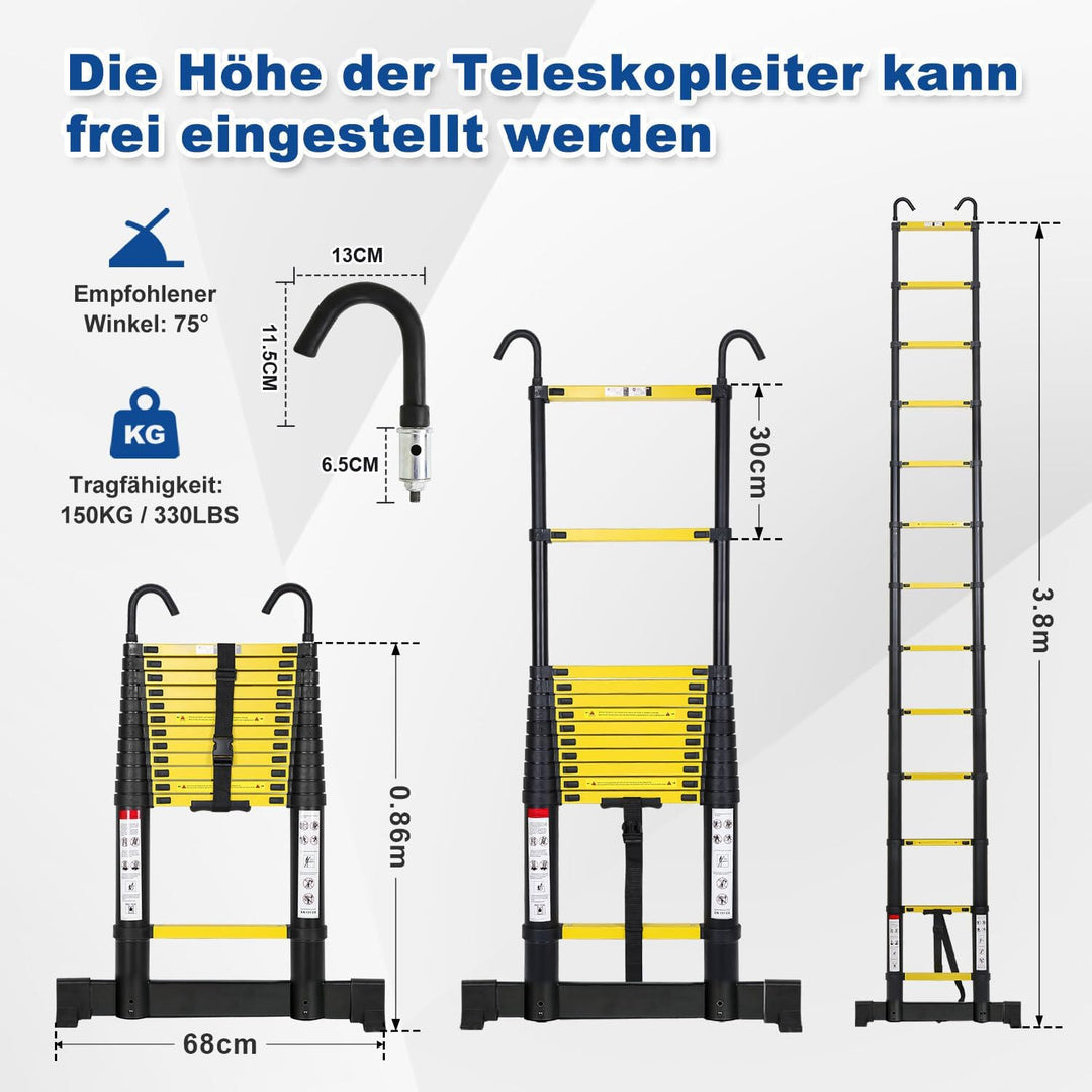 Joparri Aluminium Teleskopleiter 3.8M, Ausziehbare Leiter mit Stabilisator und Abnehmbaren Haken, Ru