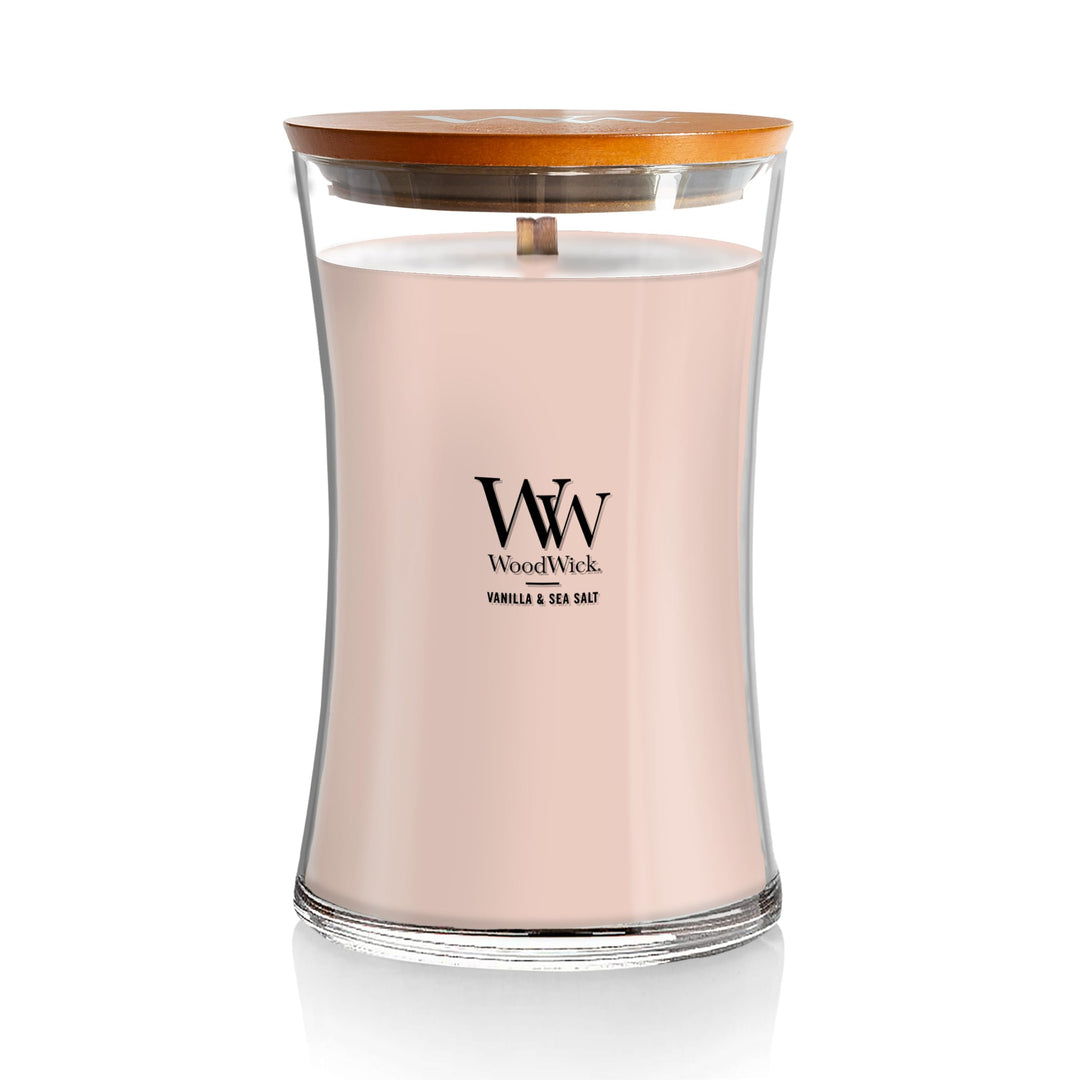 Grosse WoodWick Duftkerze im Sanduhrglas mit knisterndem Docht, Vanilla & Sea Salt, bis zu 130 Stund