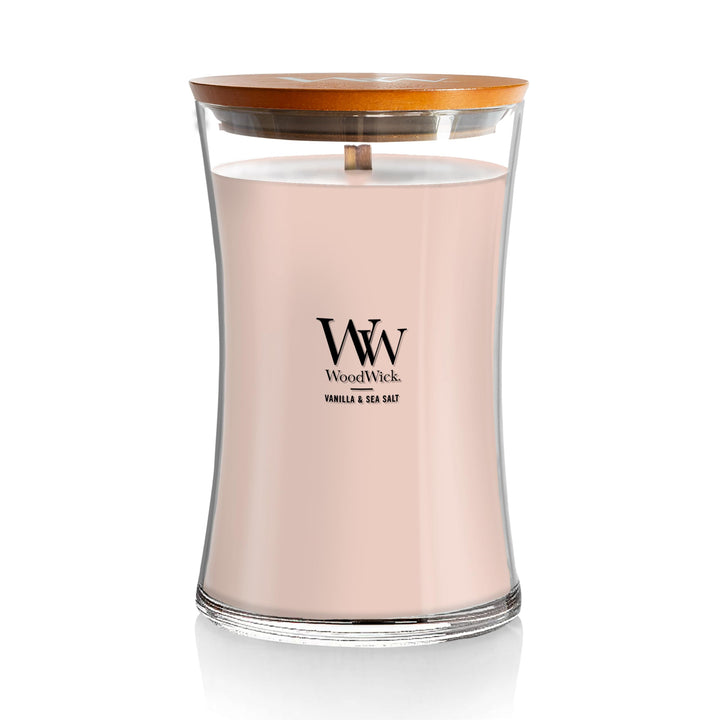 Grosse WoodWick Duftkerze im Sanduhrglas mit knisterndem Docht, Vanilla & Sea Salt, bis zu 130 Stund