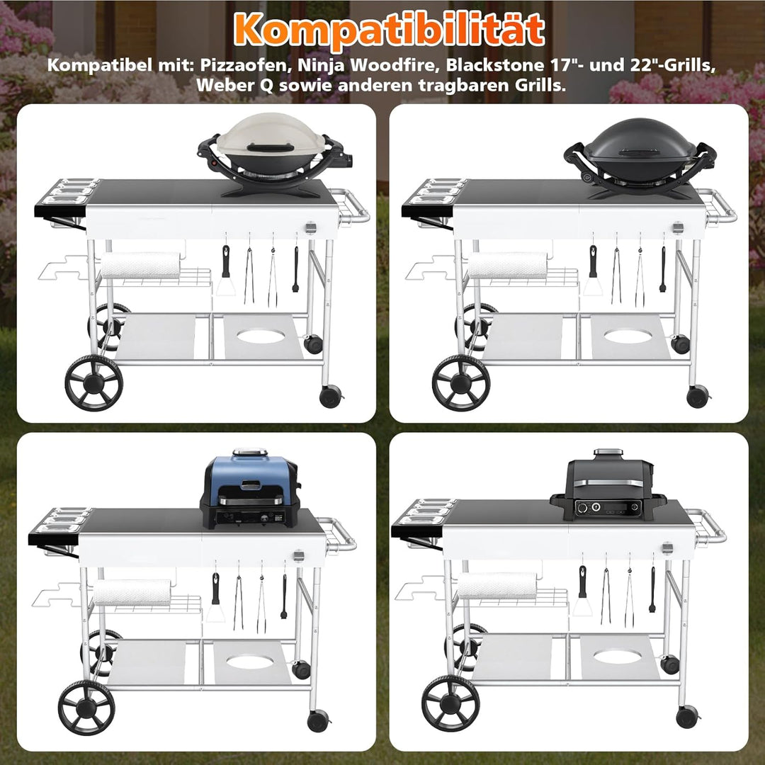 GFTIME 128 x 64 x 78cm Grillwagen Servierwagen für Weber Q Serie, Ninja Woodfire, Pizzaofen, Tischgr