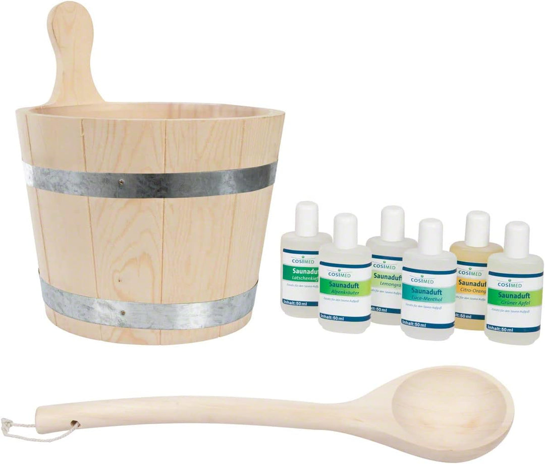 Sport-Tec Sauna Starter-Set 9-TLG., Aufgusskübel + Schöpfkelle + 6 versch. Saunadüfte á 50 ml