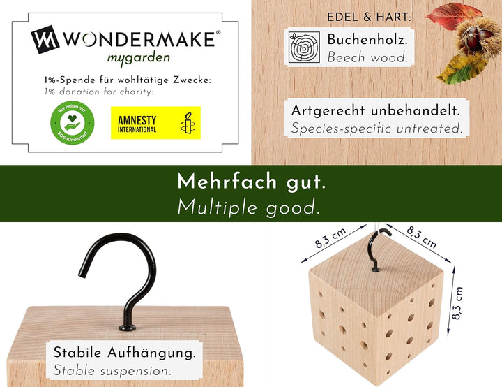 WONDERMAKE® 3er Set: Design Insektenhotel klein, Kubus aus Buche-Holz mit 3X 42 Nistplätzen, Bienenh