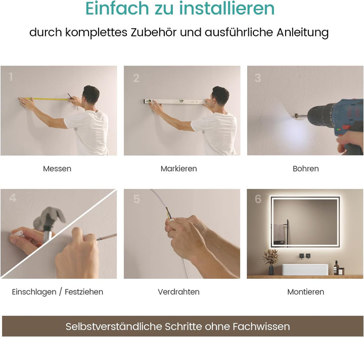 EMKE LED Badspiegel 80x60cm LED Wandspiegel mit Beleuchtung Warmweisses Licht und Kaltesweisses Lich