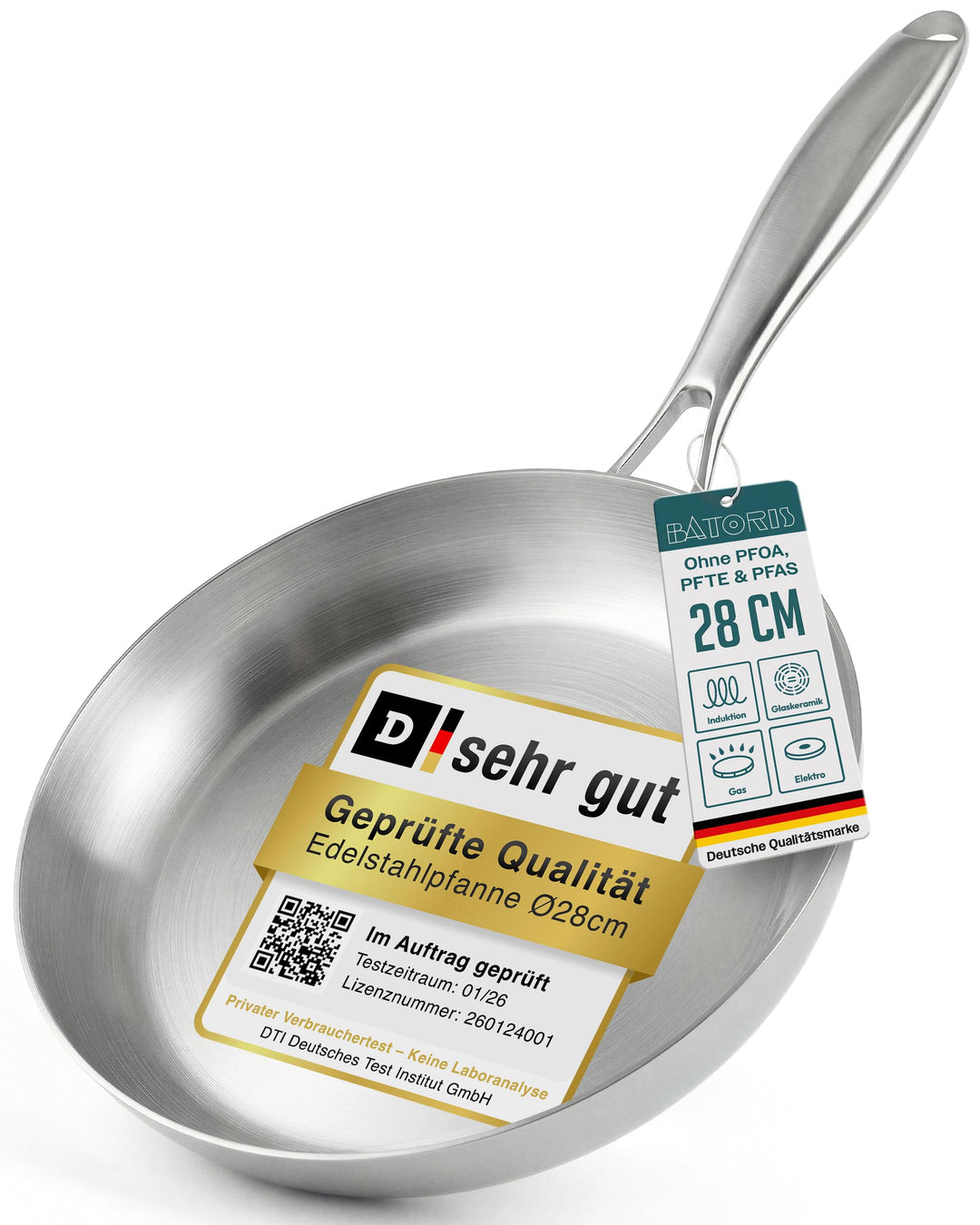 Batoris Edelstahlpfanne Unbeschichtet - Induktion - Profi Bratpfanne 28cm - Perfekt als Steakpfanne