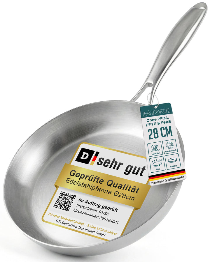 Batoris Edelstahlpfanne Unbeschichtet - Induktion - Profi Bratpfanne 28cm - Perfekt als Steakpfanne