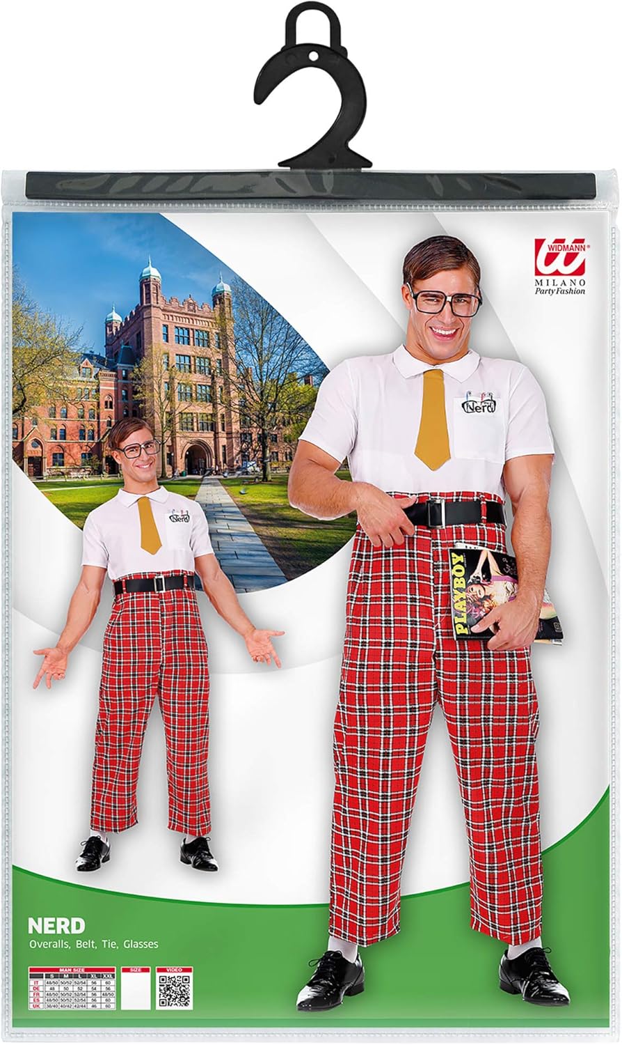 W WIDMANN MILANO Party Fashion - Kostüm Nerd, Overall, Gürtel, Krawatte, Brille, Streber, Freak, Fas