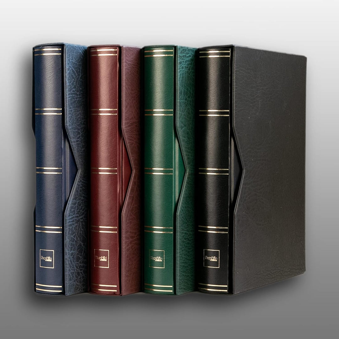 Prophila 60 weisse geteilte Seiten Briefmarkenalbum wattiert mit Kassette blau