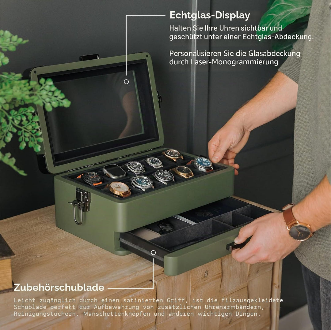 CASE ELEGANCE Militäruhrenbox mit 10 Fächern für Herren, Echtglasplatte, modulares Valet-Tablett, Ap