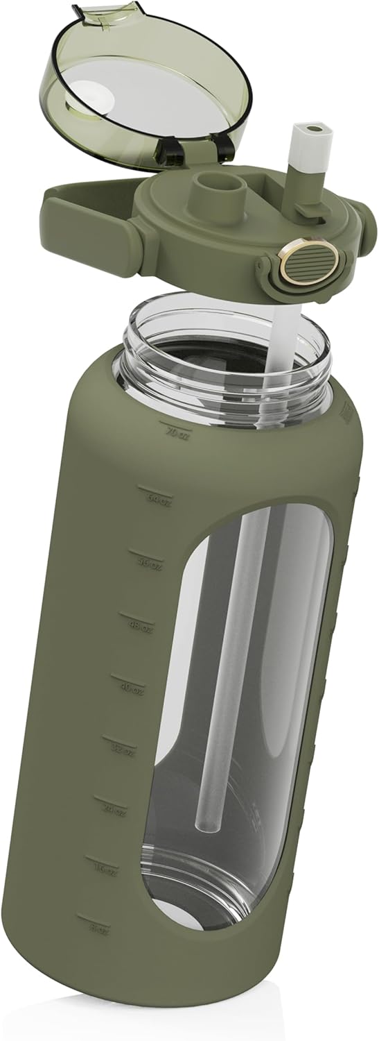 spottle Glasflasche 2 Liter - Trinkflasche 2L Glas mit Strohhalm - Grosse Wasserflasche mit Schutzhü