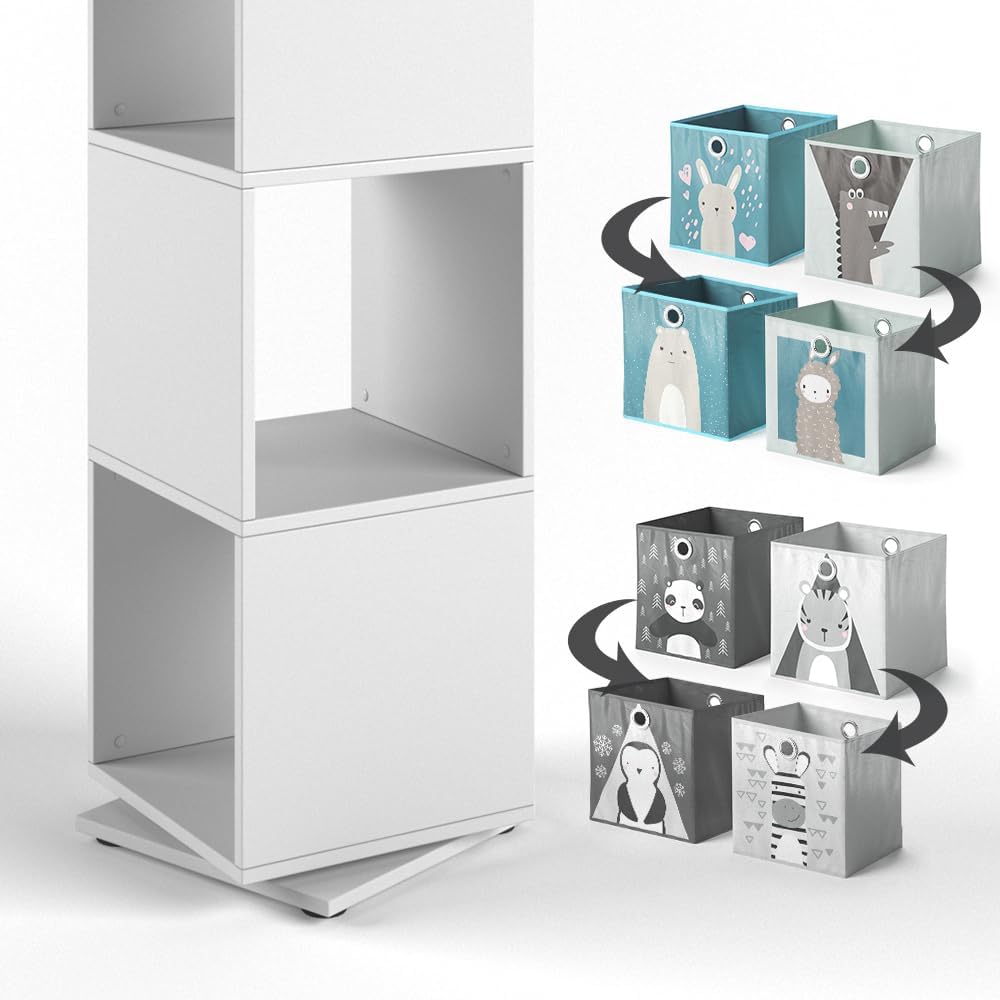 Vicco Kinderregal, Weiss, 35.2 x 141.5 cm mit 4 Faltboxen Weiss Drehregal + 4 Faltboxen, Weiss Drehr