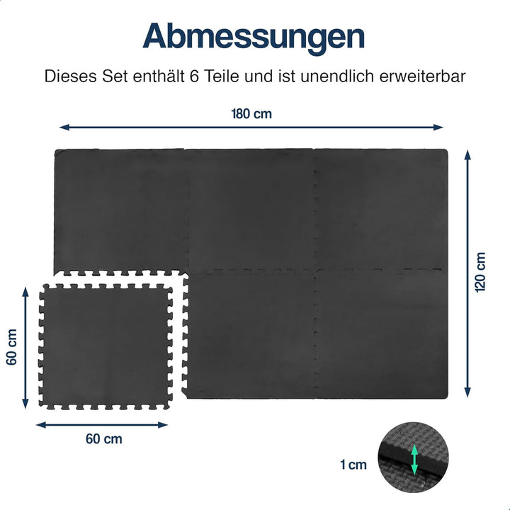 Hulser Fitness Puzzlematte - 60 x 60 x 1,2 cm - 6 Stück - 2,16 m2 - Bodenschutzmatten für Sporträume