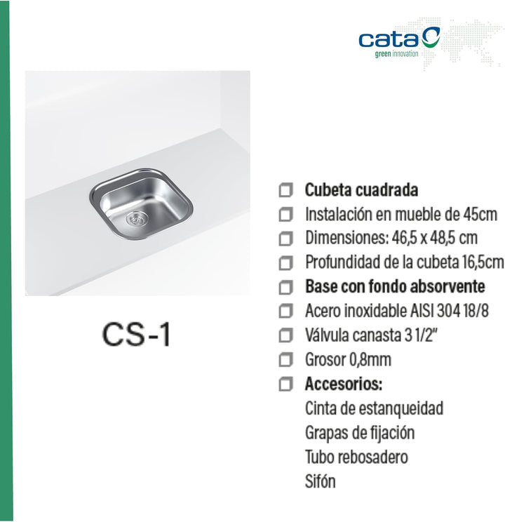 CATA CS1 Spülbecken 46,5x48,5 cm Quadratische Spüle mit einer Dicke von 0,08 cm und einer Tiefe 16,5
