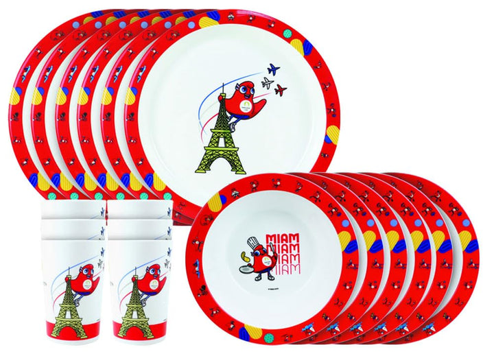 FUN HOUSE Olympique Games Paris 2024 Geschirrset JO 6 Teller 22 cm, 6 Schalen 16 cm und 6 Gläser 220