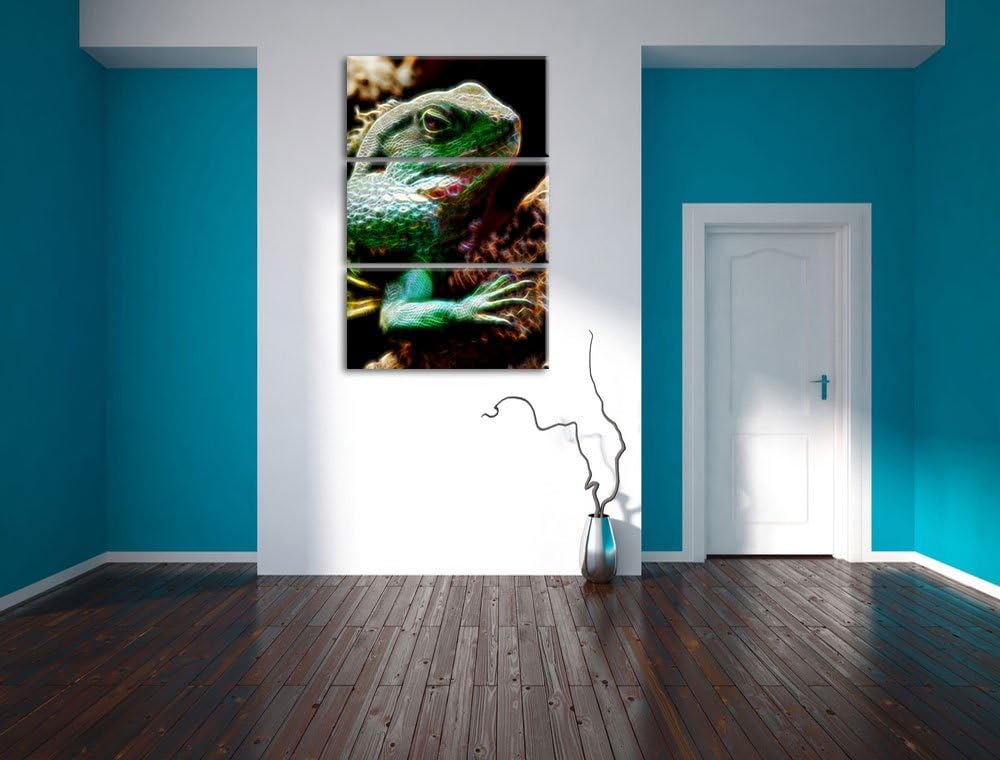 Dark grosses grünes Chamäleon NewArt 3-Teiler Leinwandbild 120x80 Bild auf Leinwand, XXL riesige Bil