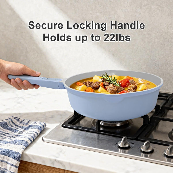 AIKENBBKK Antihaft Topf und Pfannenset, Keramik-Kochgeschirrset Pfanne 28cm mit abnehmbarem Griff, D