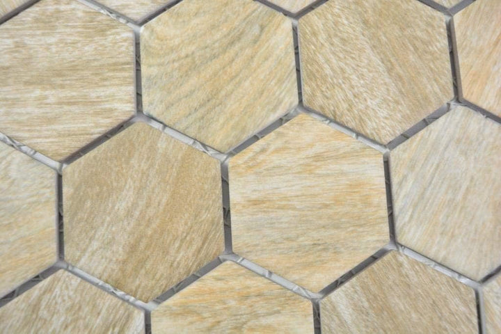 Mosaikfliese Keramik Hexagon Sechseck Holz beige Wandfliese Duschwand Wandverkleidung Badfliese Flie