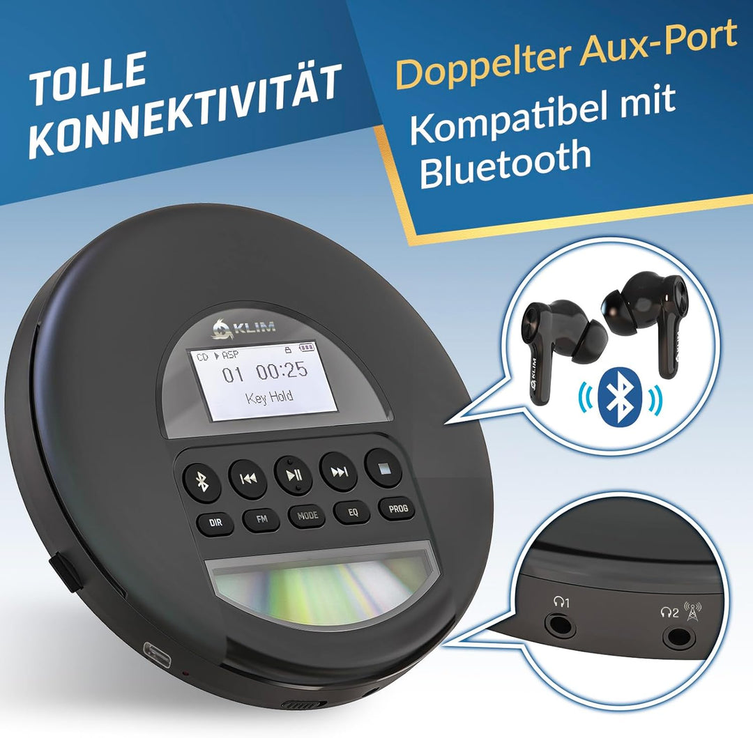 KLIM Nomad CD Player Bluetooth - tragbare Discman mit langlebigem Akku - inklusive Kopfhörer - MP3 -