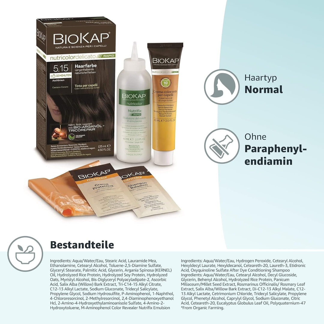 BIOKAP RAPID Permanente Haarfarbe 5.15 Aschbraun | NUR 10 MINUTEN EINWIRKZEIT | Bio Arganöl - TricoR