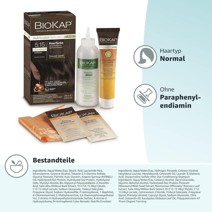 BIOKAP RAPID Permanente Haarfarbe 5.15 Aschbraun | NUR 10 MINUTEN EINWIRKZEIT | Bio Arganöl - TricoR