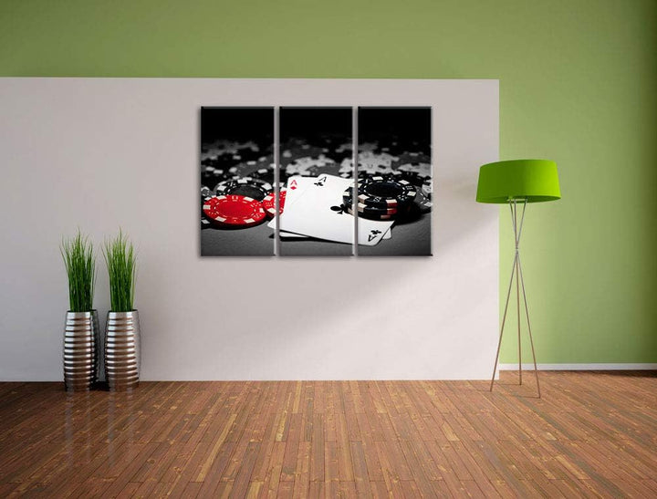 Spielkarten auf Pokertisch schwarz/weiss 3-Teiler Leinwandbild 120x80 Bild auf Leinwand, XXL riesige