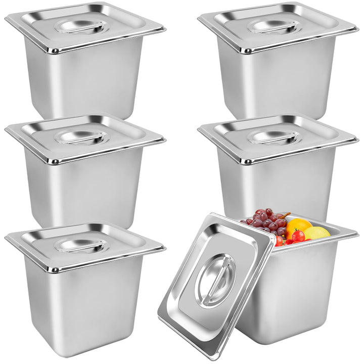 6 Stück Edelstahl-Dampf-Hotelpfannen 1/6 Grösse 15,2 cm tief mit Deckel, Anti-Jam Hotelpfannen, Chaf