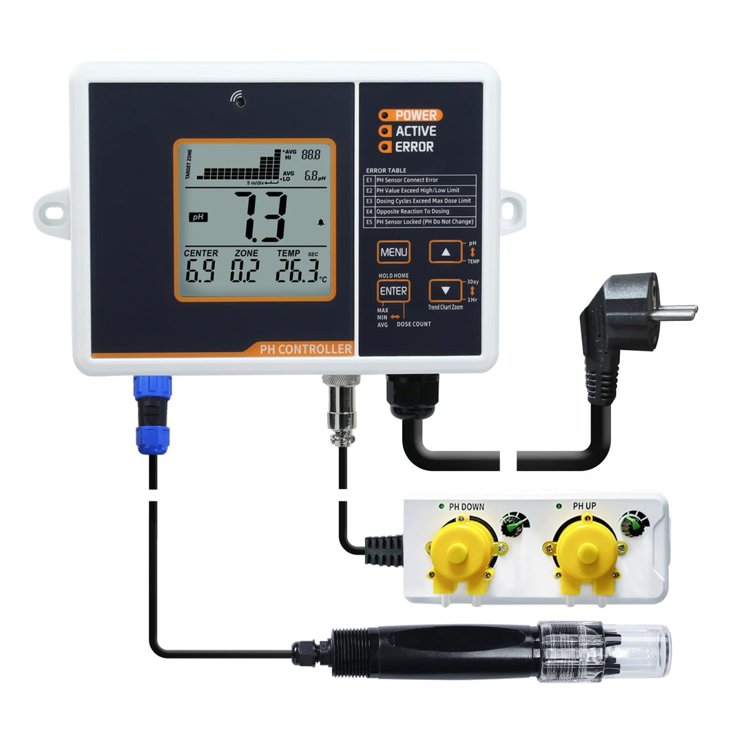 pH-Regler mit Temperaturkompensation, einstellbarer pH-Regelbereich von 4,5 bis 8,5 pH, doppelte Rel