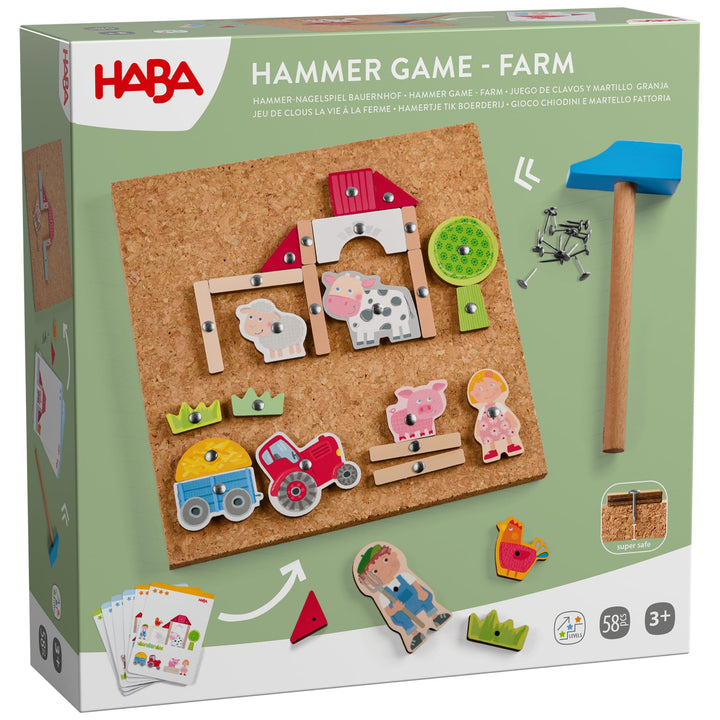 HABA Hammer-Nagelspiel: Bauernhof – Holzspielzeug mit Hammer und Nägel für Kinder ab 3 Jahren – Krea