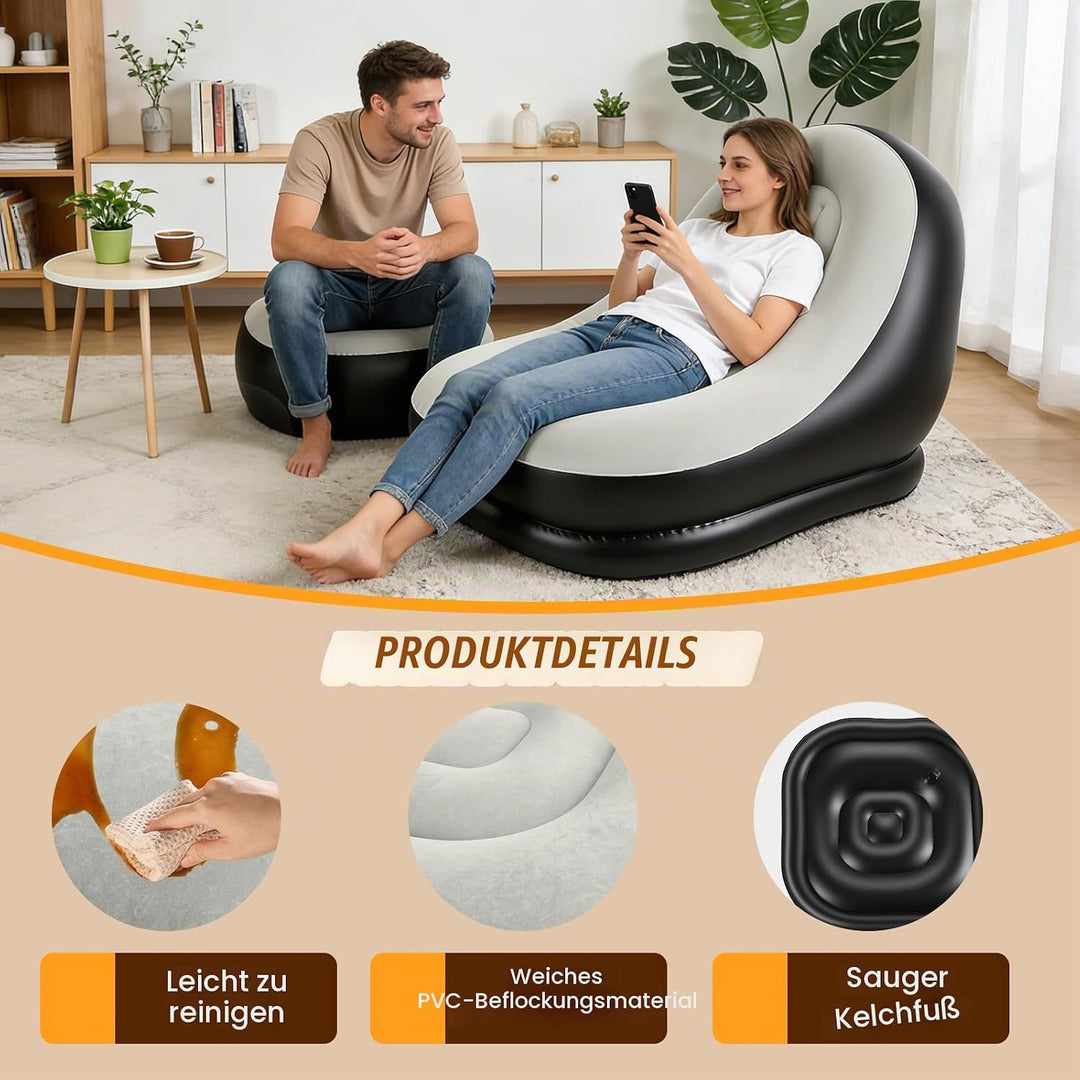 Aufblasbares Sofa mit Fusshocker Set – Luftsofa mit Beflockung für Camping, Garten &amp; Wohnzimmer, Was