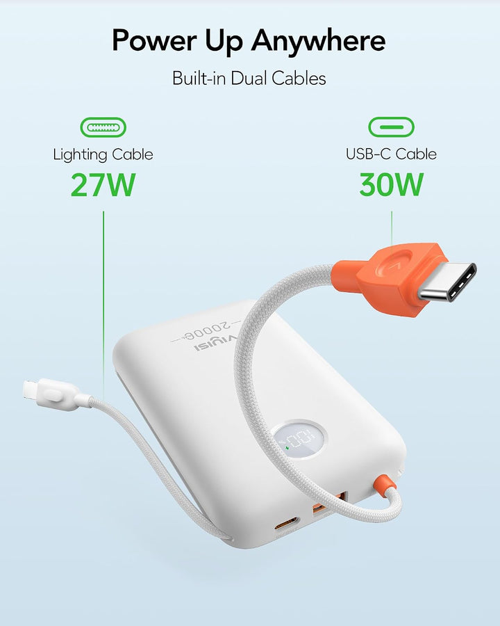 VIYISI Powerbank 20000mAh, 30W PD Schnellladegerät mit integrierten USB-C &amp; Lighting Kabeln, mit LED
