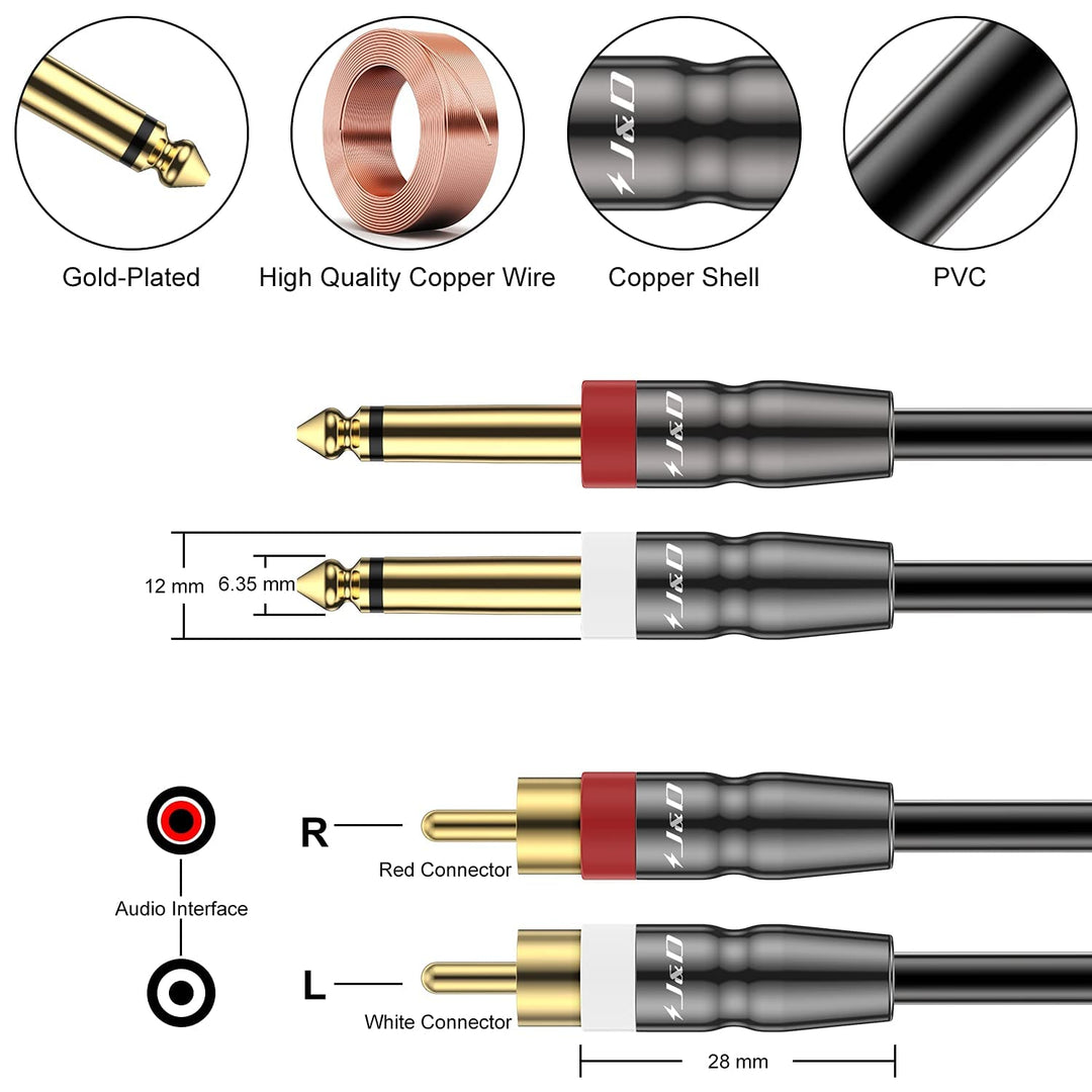 J&D Dual 6,35 mm zu 2RCA Kabel, Heavy Duty 1/4 Männlich auf Cinch Männlich Adapter Stereo Audio Inte