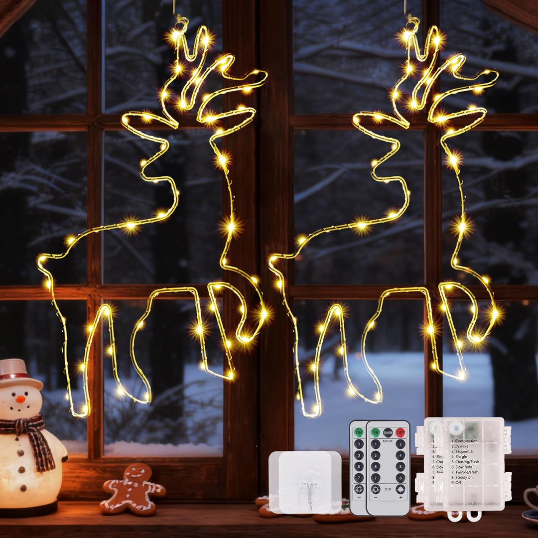 120 LED (2 Stück) Weihnachtsbeleuchtung Fenster, 8 Modi Batteriebetriebene Rentier Fensterbeleuchtun