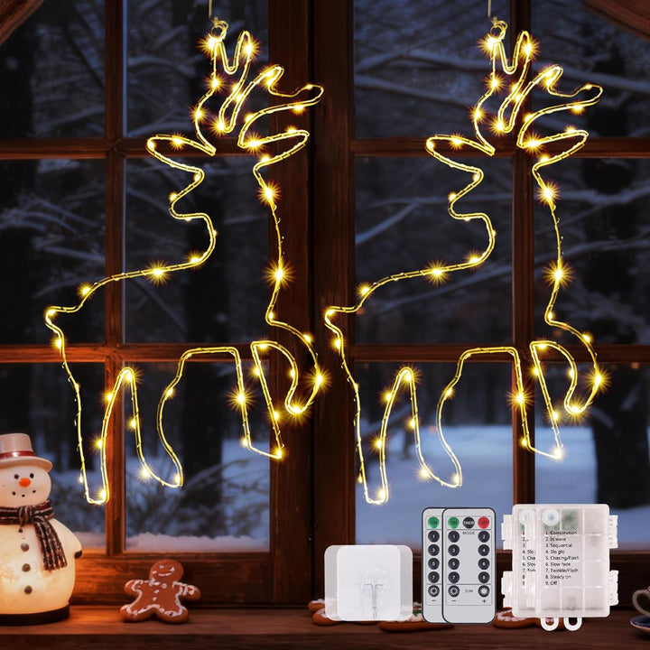 120 LED (2 Stück) Weihnachtsbeleuchtung Fenster, 8 Modi Batteriebetriebene Rentier Fensterbeleuchtun