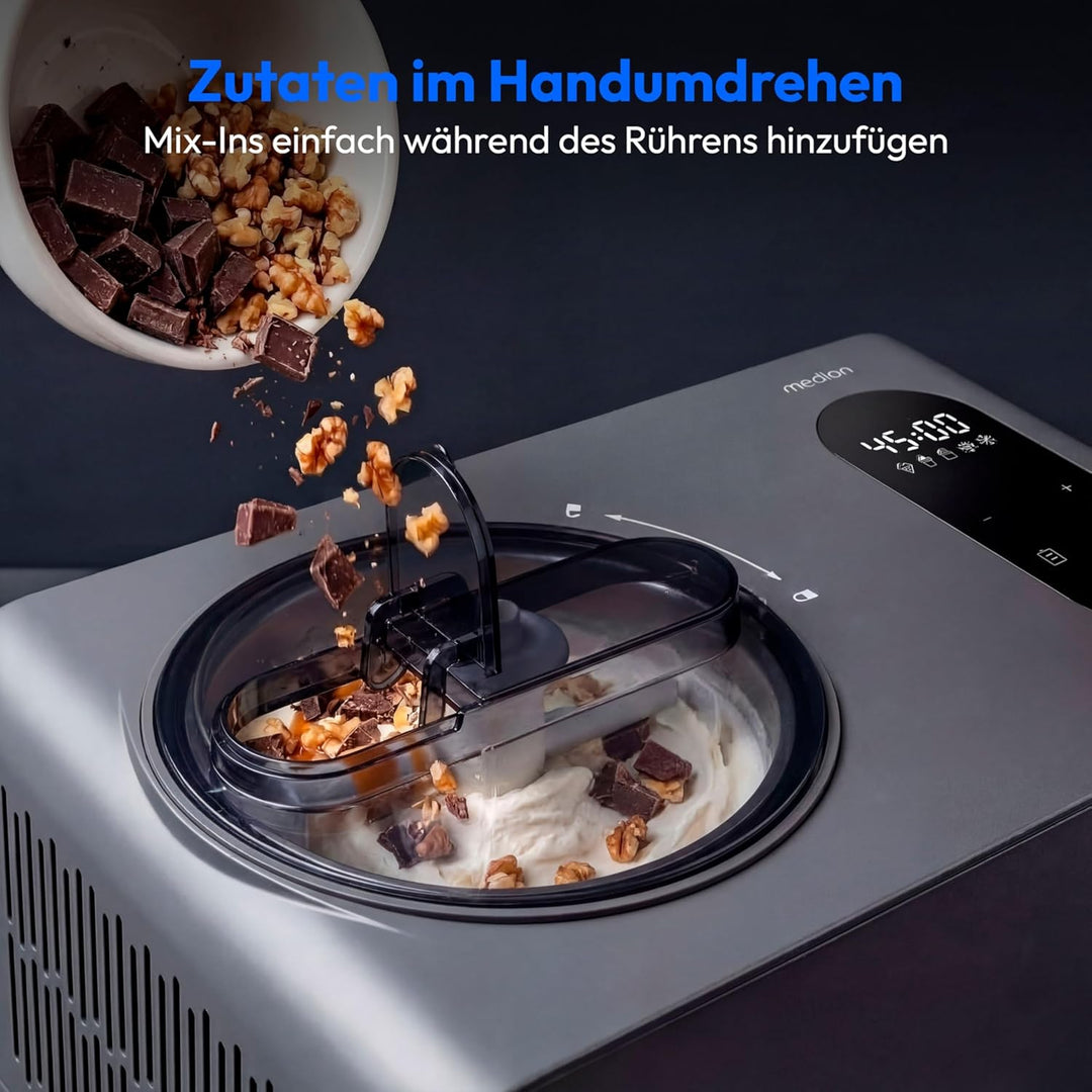 MEDION Eismaschine MD 100087, Kapazität für 1,5 L Eis, kein Vorkühlen notwendig, LED-Display mit Sen