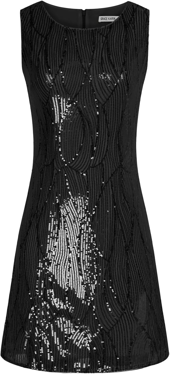 GRACE KARIN Damen Ärmelloses Rundhals Pailletten Cami Kleid Elegant Zweiteiler Tüll Cardigan Abendkl