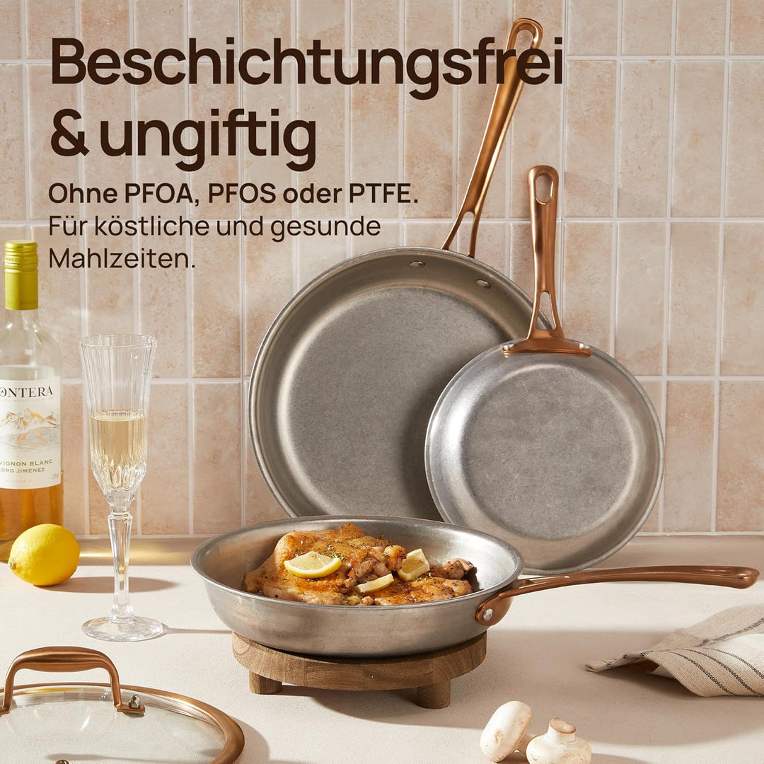 KOKHUB 28cm Edelstahl-Bratpfanne mit Deckel, Unbeschichtete Tri-Ply Induktionspfanne, Ofenfeste Stee