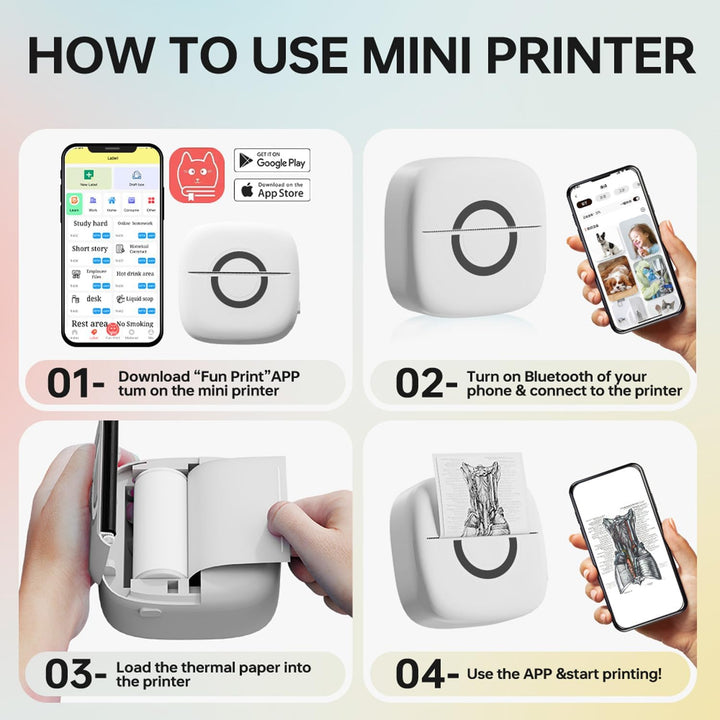 cabaro Mini Drucker Aufkleber Drucker Fotodrucker mit 3 Rollen Bluetooth Thermodrucker für Lernen, S