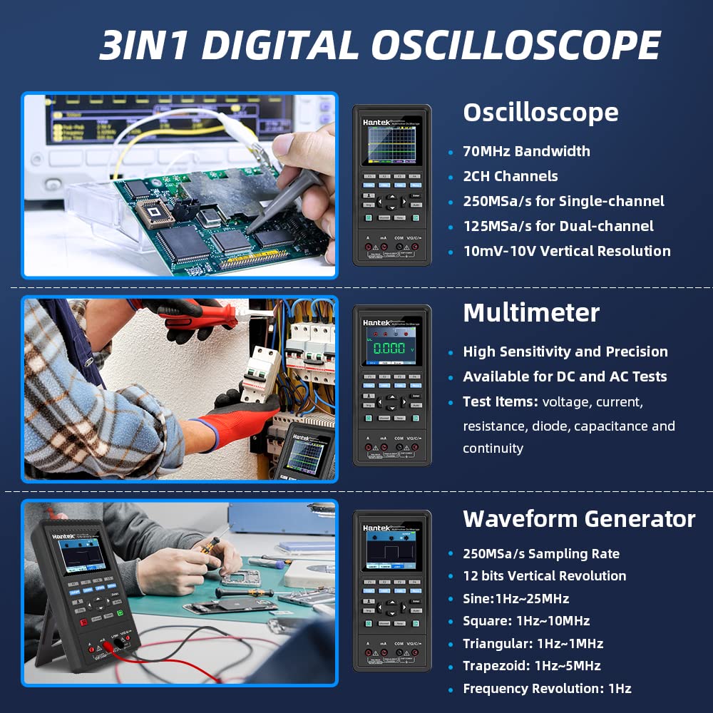 Hantek 2D72 Oszilloskop 3 in 1 Funktion 70MHz Bandbreite Zweikanal-Oszillograph mit Digital Multimet