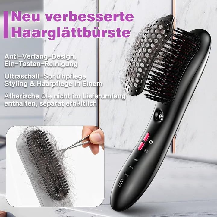 Glättbürste, Warmluftbürste für kurze Haare, Stylingbürste für kurze Haare | kabellos mit Pflegespra