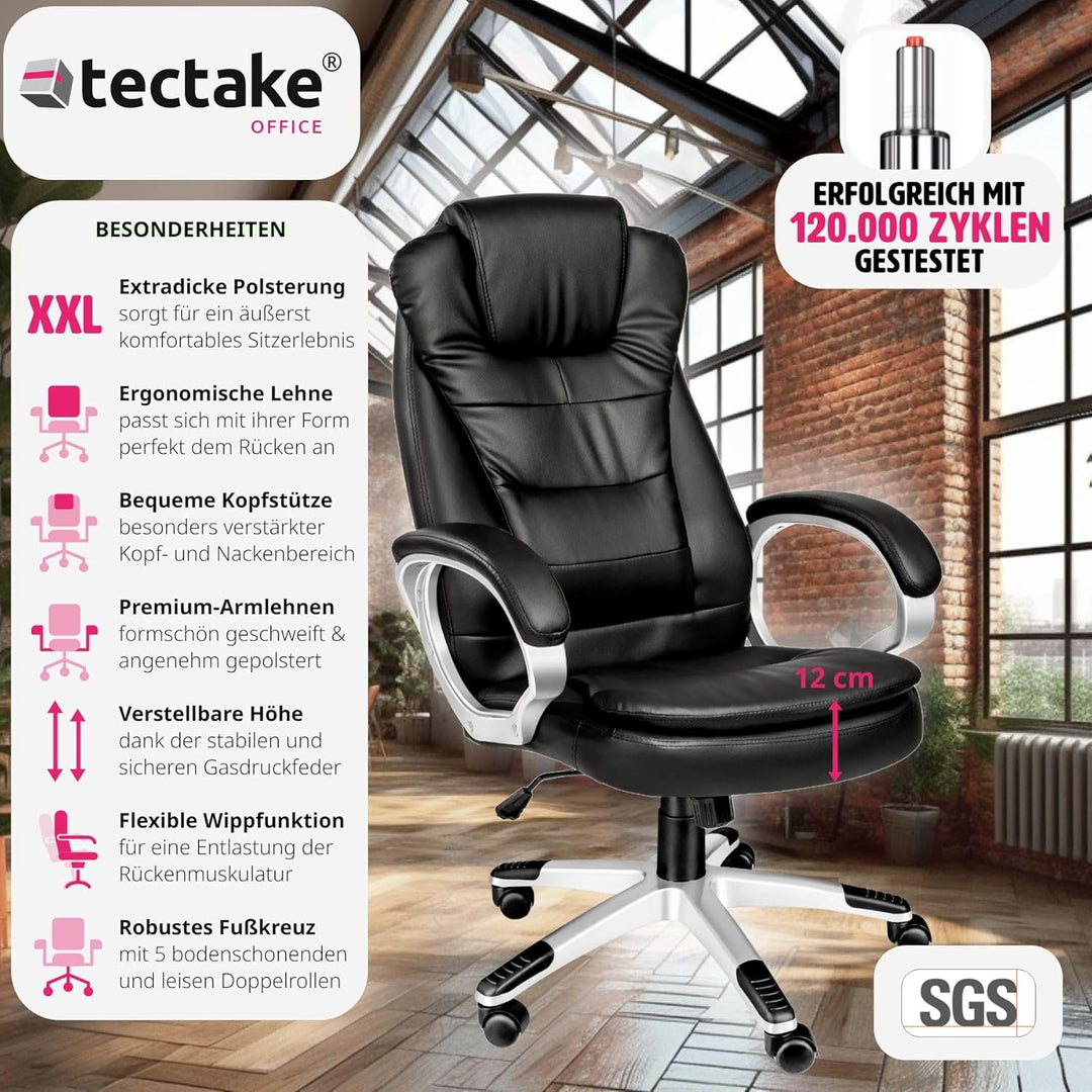 tectake Chefsessel, Bürostuhl ergonomisch, Drehstuhl mit Rollen, Gaming Stuhl, hohe Rückenlehne und