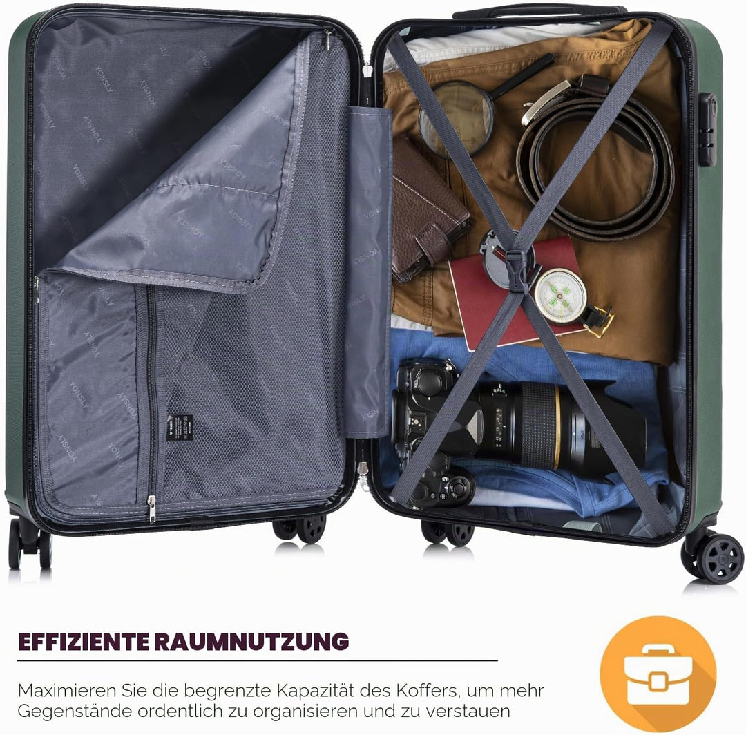 Koffer Suitcase M Dunkelgrün, Trolley Reisekoffer, Kabinenkoffer Rollkoffer Handgepäck mit 4 Rollen