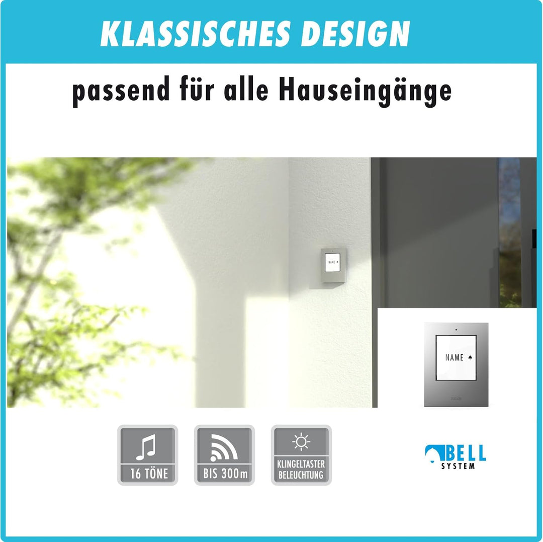 m-e Funkklingel BELL-531 Silber mit Sender und Empfänger für 1-Familienhaus | Erweiterbare kabellose