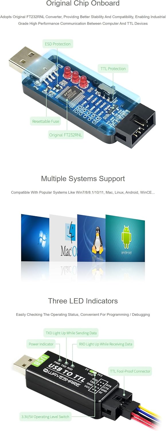 USB to TTL Serial Converter Adapter, Industrial USB UART Module with Protection Circuit, Compatible