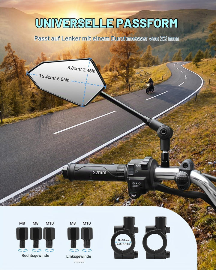 SUPAREE Motorrad Spiegel Klappbar Motorrad Rückspiegel M10 Lenkerspiegel motorrad e Geprüft 360°Dreh